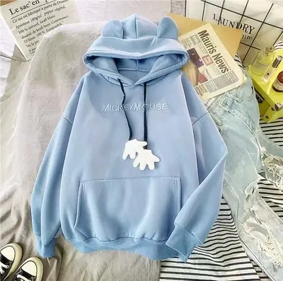 Women Fleece Embroidered Hoodie Light Blue Loose Fit