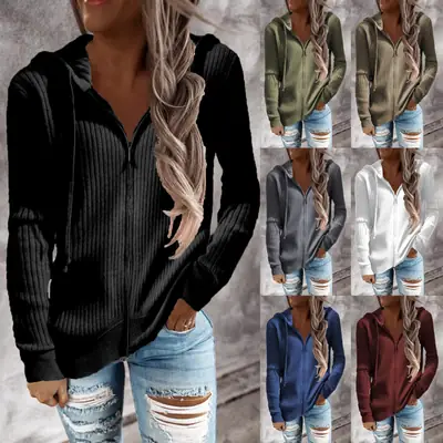 Women Ribbed Zip Hoodie Long Sleeve Winter Casual Sweater