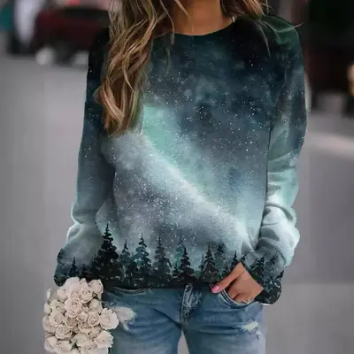 Women Printed Long Sleeve Sweatshirt Forest Sky Design