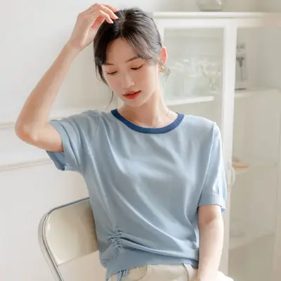 Women Ice Silk Short Sleeve Knit Top Round Neck Drawstring Tie Design
