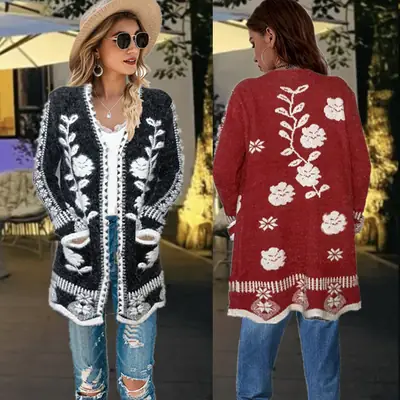 Women Floral Knit Cardigan Black Red Long Sleeve Sweater