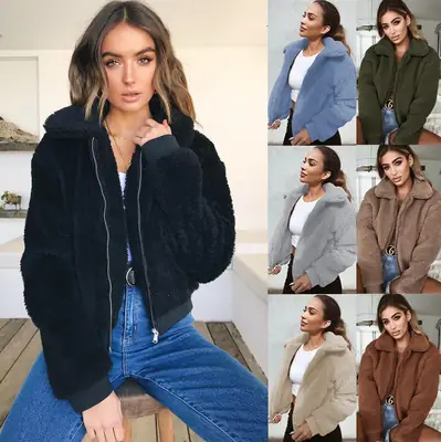 Women Plush Coat Winter Warm Hooded Jacket Black