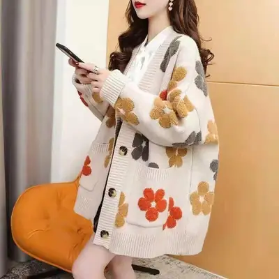Women Floral Knitted Cardigan Winter Casual Sweater