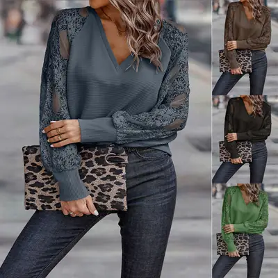 Women V Neck Lace Knit Top Loose Fit Winter Casual