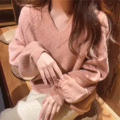 Pink V-neck Loose Sweater Women Winter Long Sleeve