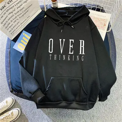 Women Hoodie Overthinking White Fleece Winter Loose Fit