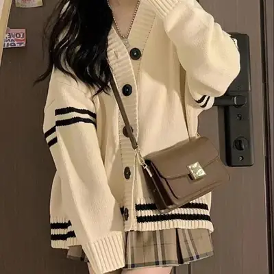 Women Loose Knitted Cardigan Cream Striped Winter Sweater