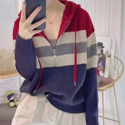Women Striped Hooded Zipper Knit Sweater Coat