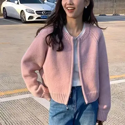 Women Pink Loose Knitted Cardigan Winter Jacket