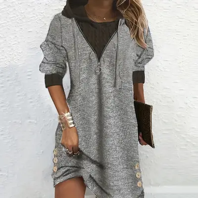 Women Hooded Sweatshirt Gray Zipper Mid-Length Autumn