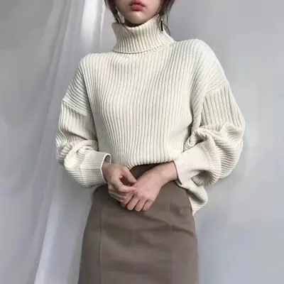 Women Turtleneck Knit Sweater Loose Long Sleeve Cream