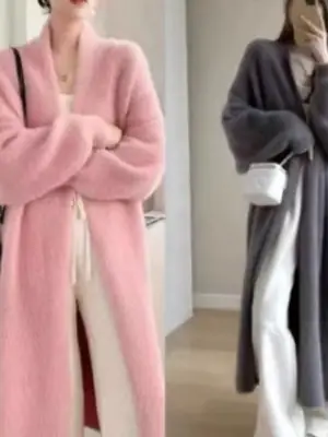 Faux Mink Velvet Cardigan Pink Long Coat for Women