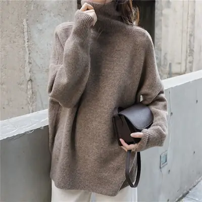Women High Collar Knitted Sweater Khaki Slim Fit Winter