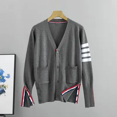 Men Knitted Cardigan Dark Gray Plus Size Striped