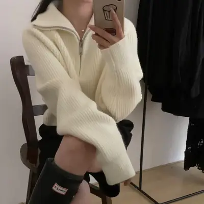 Women Half-Zip Turtleneck Sweater Slim Fit Winter