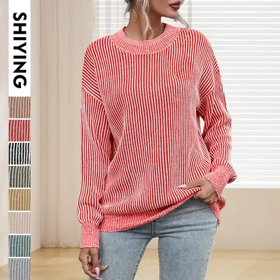 Women Striped Pullover Sweater Warm Cotton Multi Color