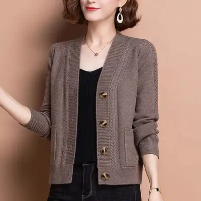 Women Knitted Cardigan Brown Button Autumn Style