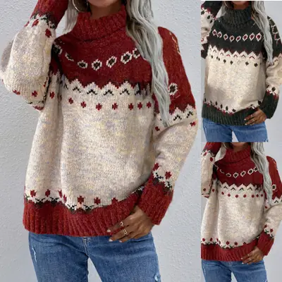 Women Loose Turtleneck Knitted Sweater Red Winter