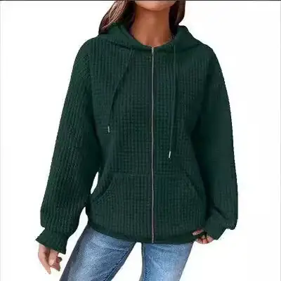 Green Zipper Hooded Cardigan for Women Winter Wear
