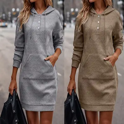 Women Hooded Sweater Dress Gray Beige Loose Casual Winter