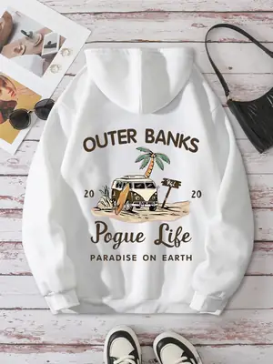 Women Fleece Hoodie White Outer Banks Print
