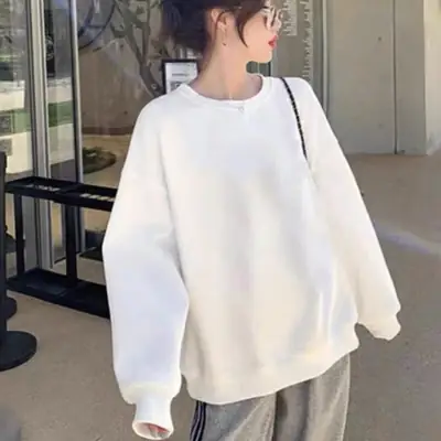 White Loose Fit Round Neck Sweatshirt Women Cotton Autumn