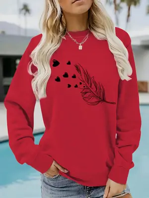 Women Red Feather Heart Print Sweatshirt Winter Casual Long Sleeve