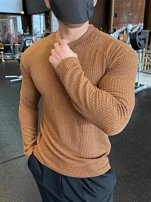 Men Long Sleeve Knitted Pullover Sweater Brown