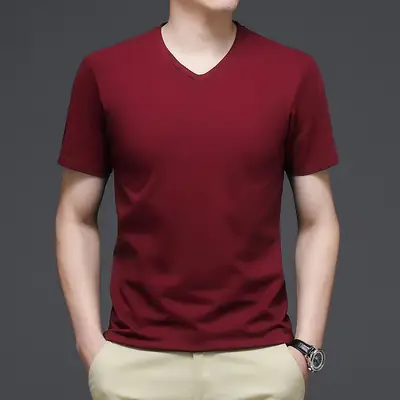 Men Slim Fit Cotton V-Neck T-Shirt Red Summer