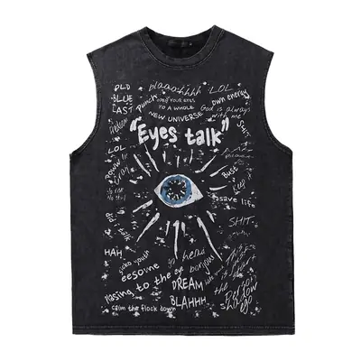 Men Sleeveless Graphic T-Shirt Eyes Talk Distressed Black