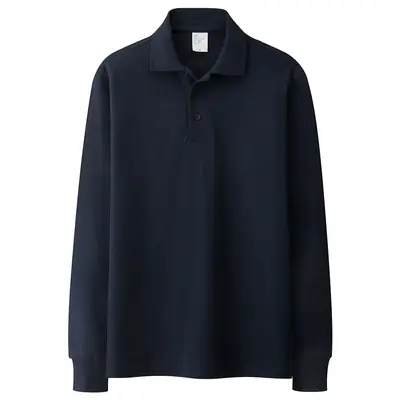 Men Cotton Long Sleeve Polo Shirt Navy Loose Fit Autumn