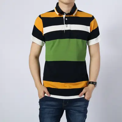 Men Striped Polo Shirt Green Navy Yellow Casual Summer
