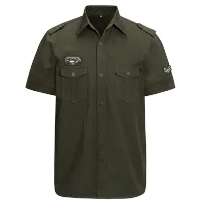 Men's Loose Military Style Short Sleeve Shirt Olive Green