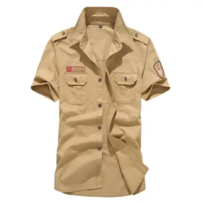 Men Cotton Military Style Short Sleeve Shirt Khaki Slim Fit
