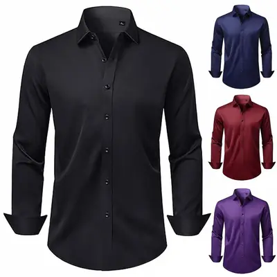 Men Slim Fit Stretch Business Shirt Black Navy Red Purple