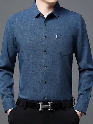 Men Blue Long Sleeve Loose Casual Shirt Spring Summer
