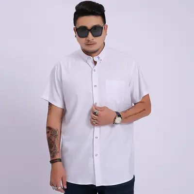 White Plus Size Loose Fit Men's Summer Short Sleeve Shirt