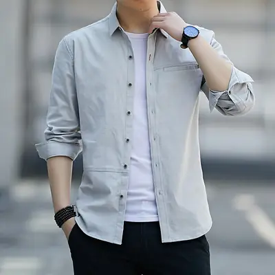 Men Slim Fit Long Sleeve Shirt White Office Work Wear