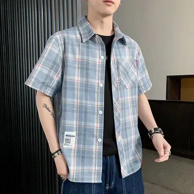 Men Plaid Short Sleeve Casual Shirt Summer