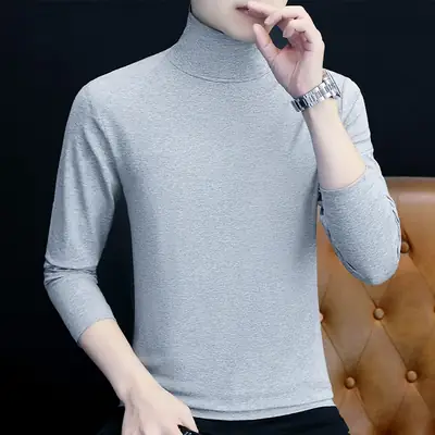 Men High Collar Long Sleeve Warm T-Shirt Gray