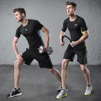 Men's Black Fitness Suit Two-Piece Shorts T-Shirt