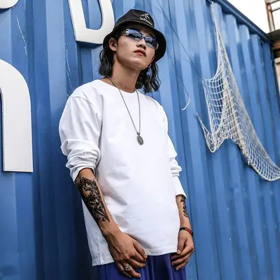 Men's White Long Sleeve Cotton T-Shirt Loose Fit Autumn Winter