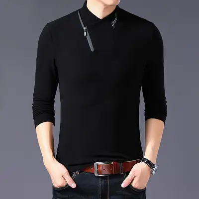 Men Black Cotton Zipper Half Turtleneck Long Sleeve Shirt Plus Size