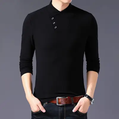 Men Black Semi High Collar Long Sleeve T-Shirt Plus Size
