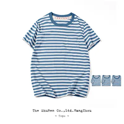 Men Striped Round Neck T-Shirt Summer Retro Blue White