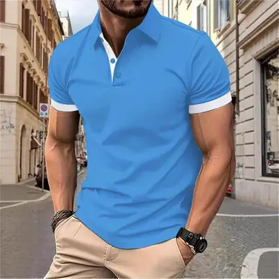 Men Blue Polo Shirt Summer Short Sleeve Casual