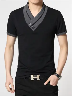 Men Slim Fit V Neck T-Shirt Black Gray Buttoned Summer
