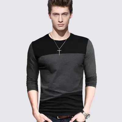 Men Long Sleeve Cotton Shirt Black Gray Autumn