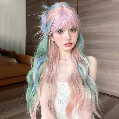 Pakistani Women's Pastel Hair Wig Pink Blue Green Full Wave