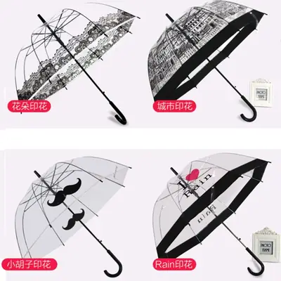 Transparent Umbrella with Print Designs Long Handle